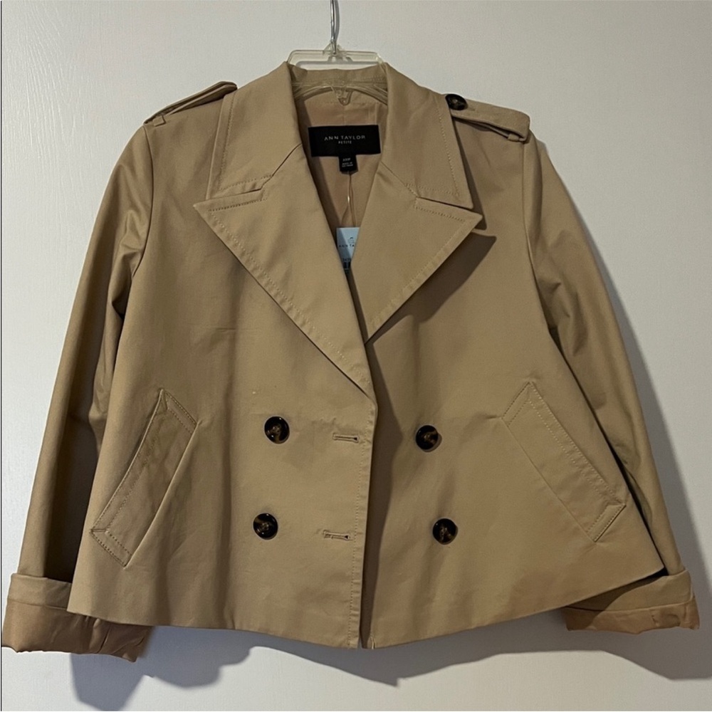 Ann Taylor Khaki Short Double-Breasted Trench Coat